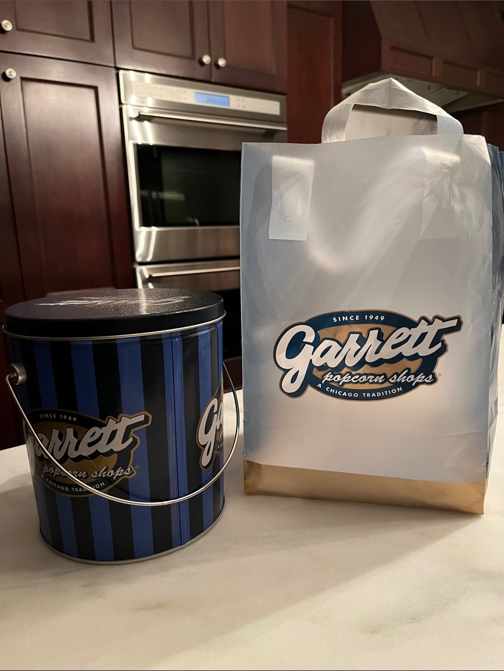 Garrett Popcorn Shops Tin and Shopping Bag - Blue & Black Stripe EMPTY - Picture 8 of 12